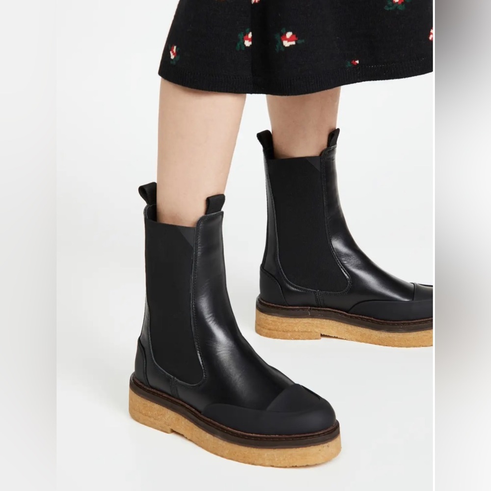 GANNI BLACK LEATHER MID-CALF BOOT 38/8